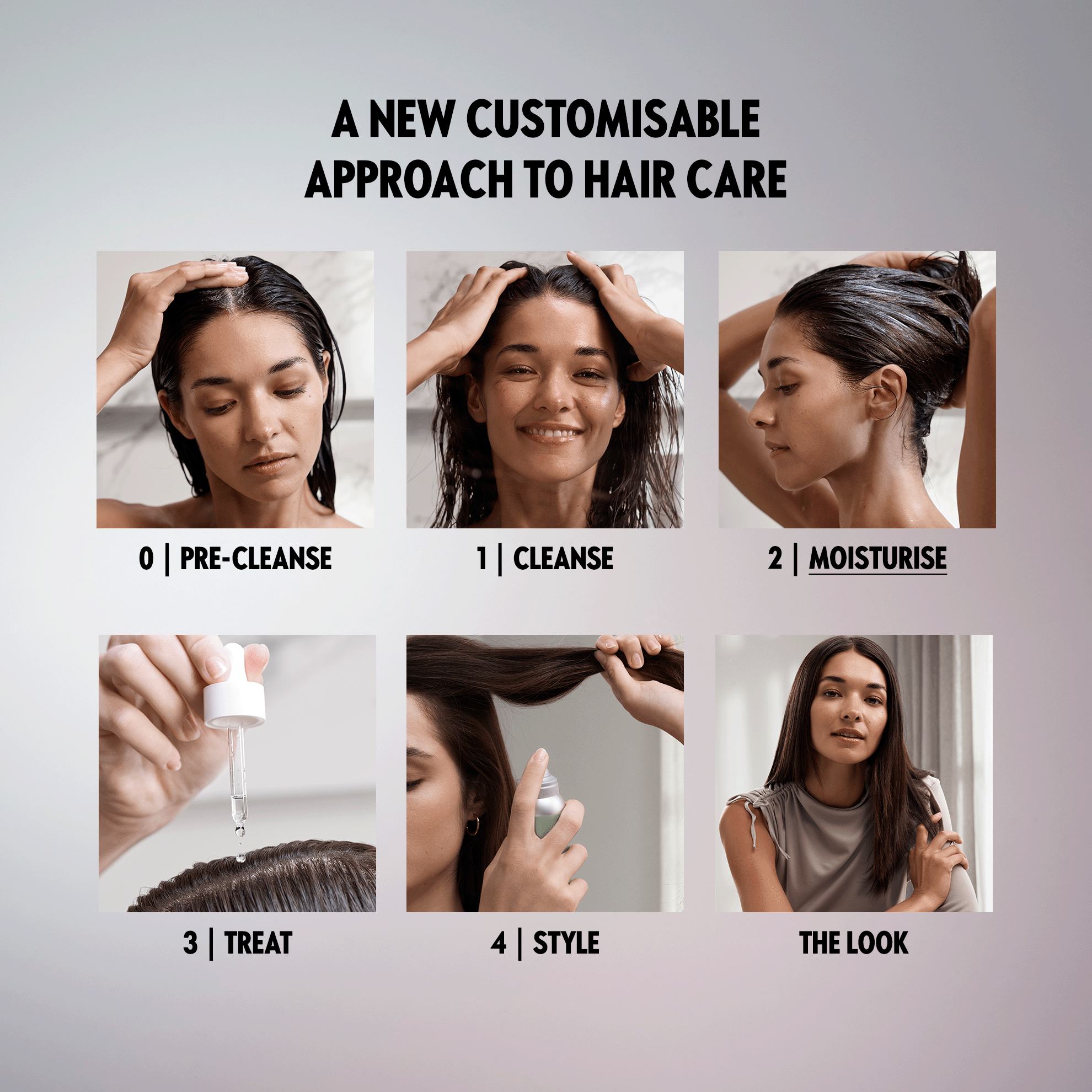 Một bức ảnh ghép của một phụ nữ đang sử dụng sản phẩm chăm sóc tóc.