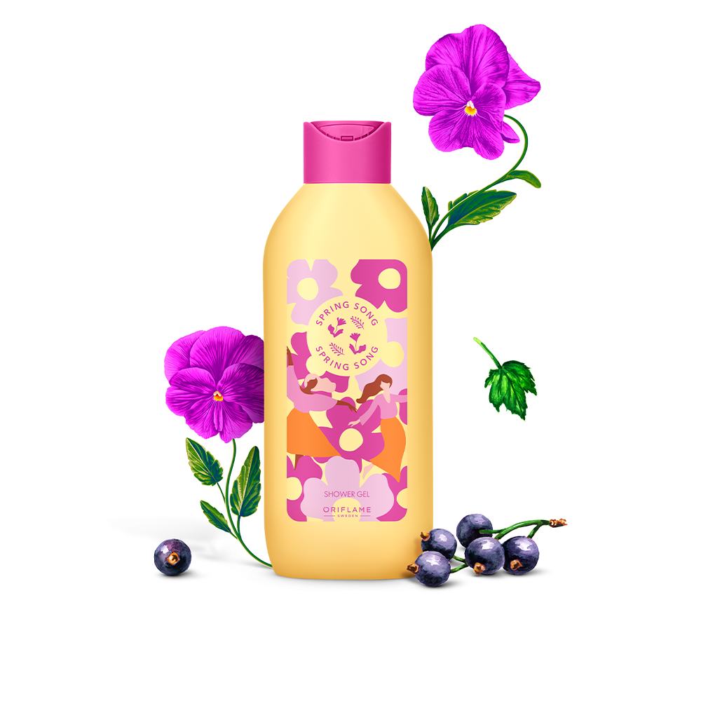 một chai dầu gội đầu với hoa và lá màu tím