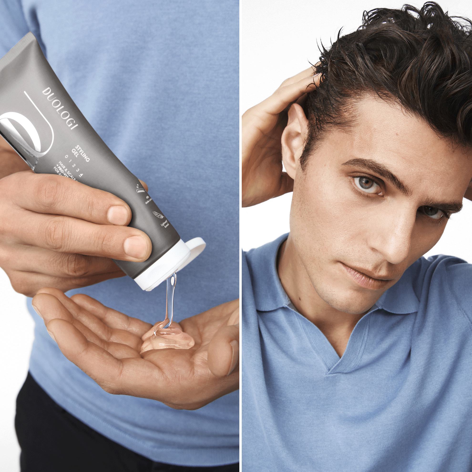 Một người đàn ông đang thoa dầu gội lên tóc.